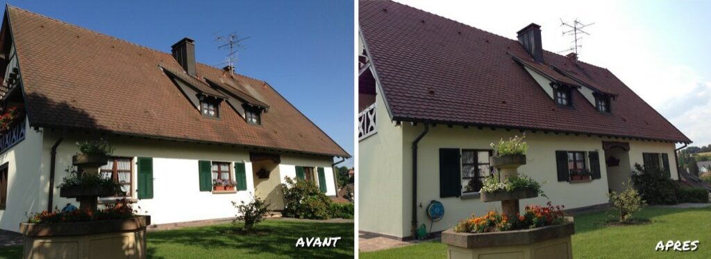 Photos des résultats du traitement hydrofuge incolores avant et après sur toiture