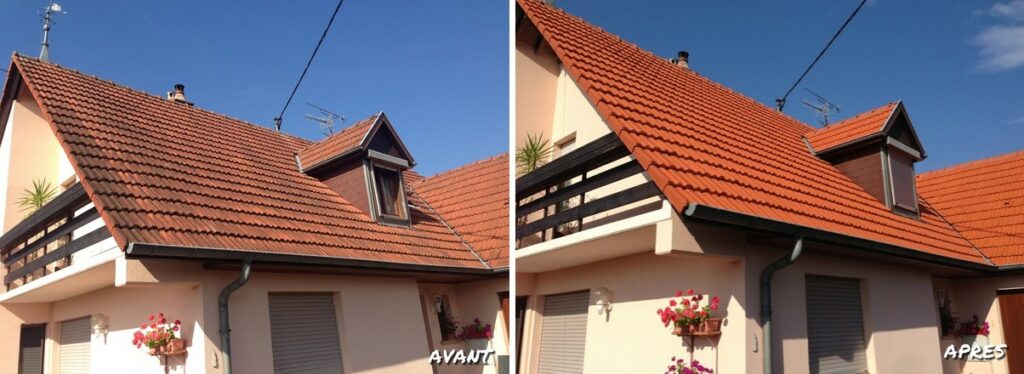 Photos des résultats du traitement hydrofuge incolores avant et après sur toiture