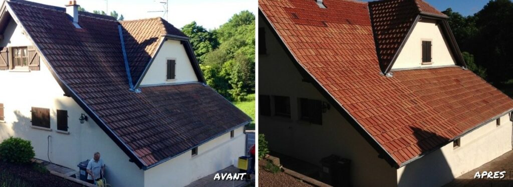 Photos des résultats du traitement hydrofuge incolores avant et après sur toiture