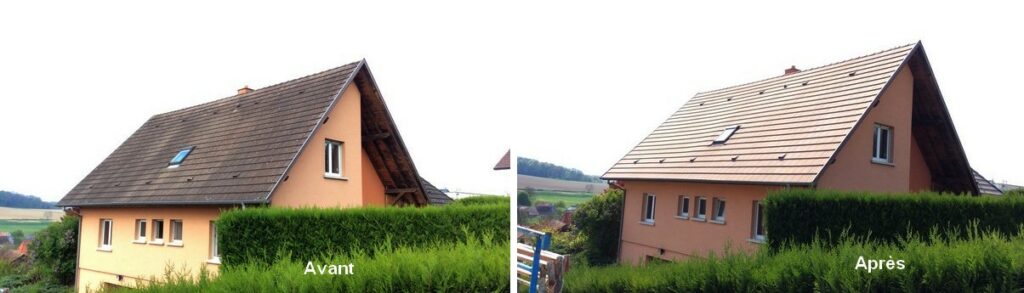 Photos des résultats du traitement hydrofuge incolores avant et après sur toiture